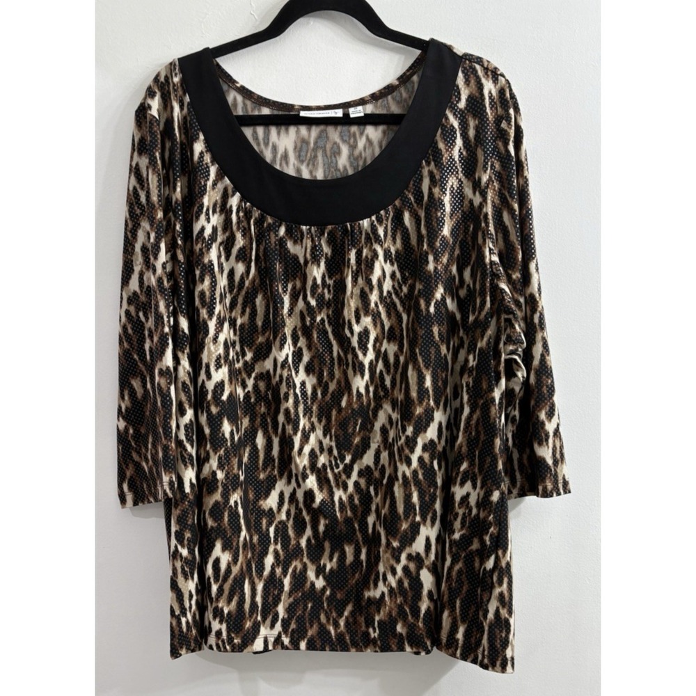 Susan Graver 3X Top Black Brown Animal Leopard Print Liquid Scoop Neck Sequins